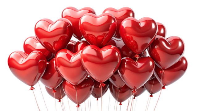 A large bunch of red heartshaped balloons isolated on a transparent background, perfect for celebrations