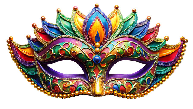 A vibrant, ornate venetian masquerade mask with intricate details and colorful embellishments, isolated on transparent background