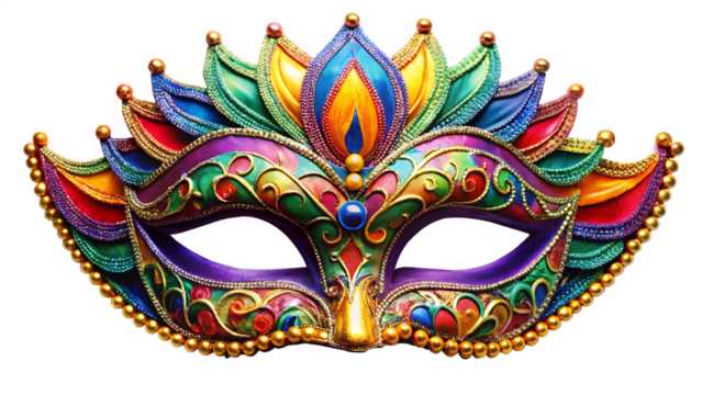 A vibrant, ornate venetian masquerade mask with intricate details and colorful embellishments, isolated on transparent background
