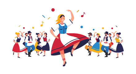 Fototapeta premium Folklore Dancers Celebrating Amidst Musical Notes And Colorful Confetti