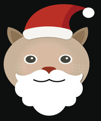 Cute cat face styled as Santa Claus with beard and red hat — ideal for Christmas greeting cards, t-shirts, and decorations.