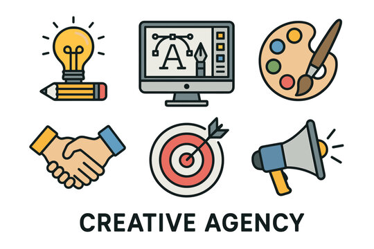 Colorful icons representing creative agency services, including a light bulb, computer screen, handshake, target, paint palette, and megaphone.