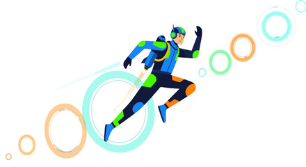 Futuristic Person Leaping Forward Against Black Background With Orbs Illustrative View