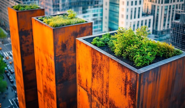 Urban vertical garden planters with rust patina and city skyline high resolution photo