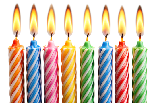 A row of eight colorful birthday candles with flames, isolated on transparent background - Powered by Adobe