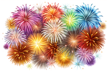 A vibrant explosion of colorful fireworks isolated on a transparent background, celebrating a festive occasion