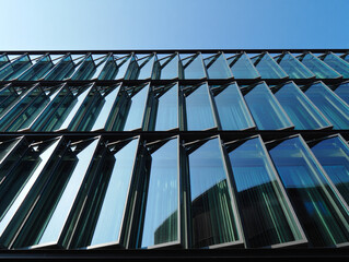 Modern Building Facade with Angled Glass Panels and Blue Sky