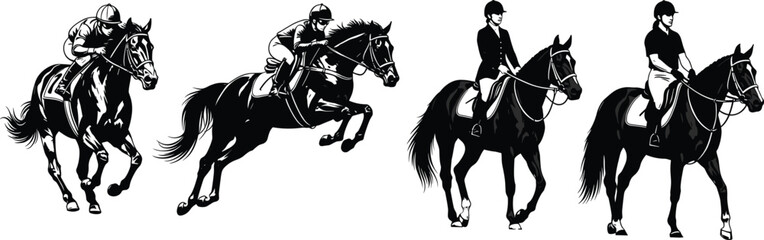 Horse riding silhouette vector set, equestrian sport illustration, black rider and horse icons, dressage and jumping poses, editable graphic design