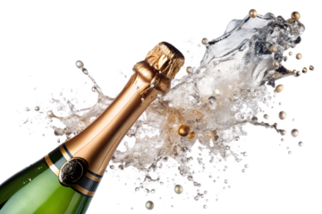 Champagne bottle exploding with a splash of liquid and bubbles isolated on transparent background