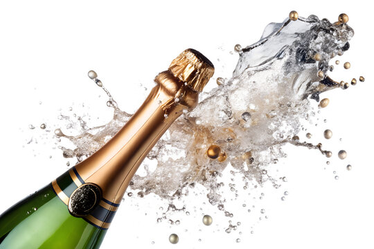 Champagne bottle exploding with a splash of liquid and bubbles isolated on transparent background