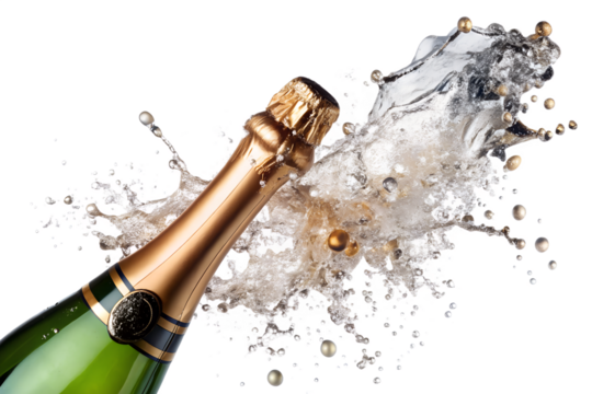Champagne bottle exploding with a splash of liquid and bubbles isolated on transparent background