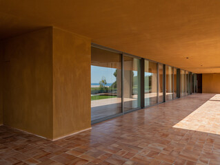 Modern building with terracotta tiled floor and ocean view