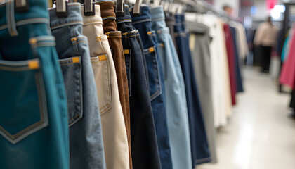 Colorful denim jeans hanging on display in a clothing store