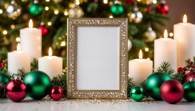 Ornate Golden Frame Displaying Joyeux Noel Message Surrounded by Festive Candles and Colorful Christmas Ornaments - Powered by Adobe