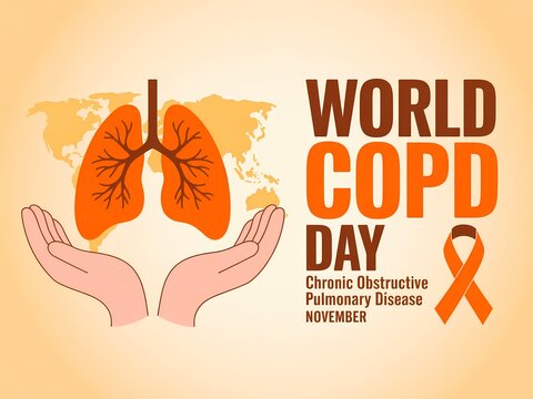 World copd day awareness illustration with lungs hands and orange ribbon promoting chronic disease understanding