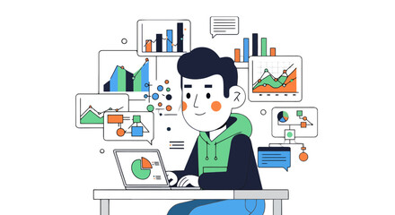 Illustration Of A Person Analyzing Business Data, With Charts And A Laptop In Use