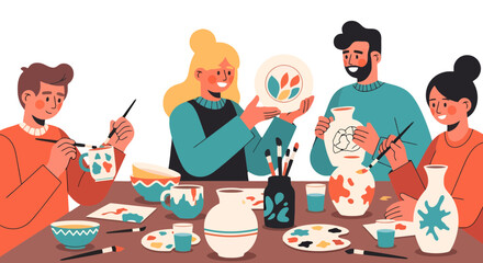 Group Of People Enjoy Pottery Painting, Art And Craft Session Together