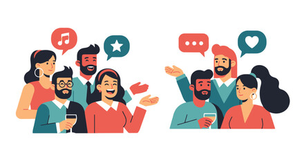 Group Of People Interacting With Speech Bubbles Symbolizing Communication And Ideas