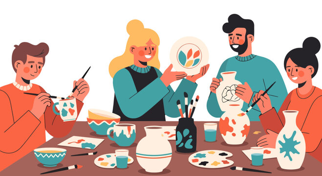 Group Of People Enjoy Pottery Painting, Art And Craft Session Together