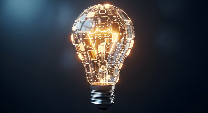 Light bulb made of digital circuits glowing in dark background - Powered by Adobe