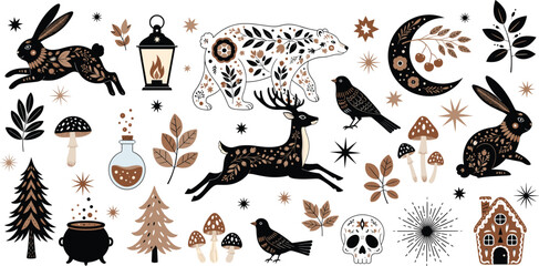Mystical forest animals, rabbit, deer, bear, moon, mushrooms, potion, lantern, folk art style, black and white vector illustration