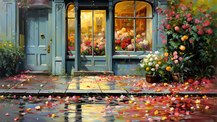 A charming flower shop with vibrant blooms in the window, surrounded by colorful petals on a wet, reflective street. Warm light glows from within, creating a cozy, romantic scene