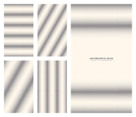 Assorted vector classic grid halftone dots pattern set in vertical 9:16 aspect ratio including faded frame and various striped textures. Different graphical half tone offset design elements collection