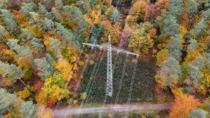 High voltage power lines through colorful autumn forest – aerial view