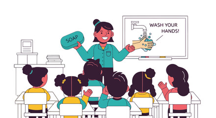 Obraz premium Hygiene Demonstration: Teacher Explains Handwashing In The Classroom To Children