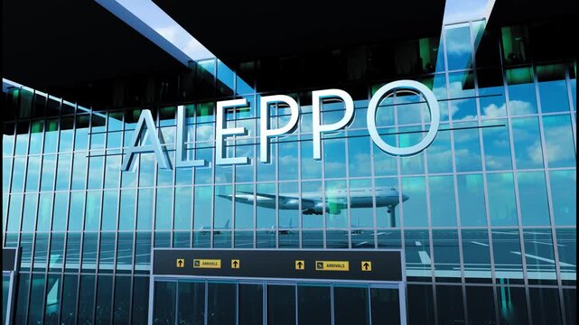 Airlane landing at Aleppo. Arrival in the city with reflection of airport and aircraft