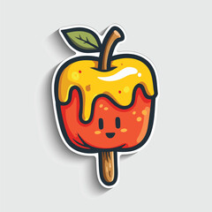 Cute Candy Apple Sticker. Cartoon Happy Toffee Apple on a Stick Vector Illustration.