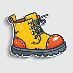 Yellow Hiking Boot Sticker. Cute Cartoon Outdoor Footwear Doodle Vector Illustration.