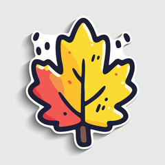 Autumn Maple Leaf Sticker. Cute Cartoon Fall Foliage Doodle Vector Illustration.