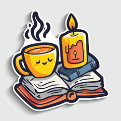 Cozy Reading Scene Sticker. Cartoon Hot Drink, Candle, and Book Vector Illustration.