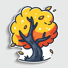 Autumn Tree Sticker. Cute Cartoon Fall Tree with Yellow Foliage Vector Illustration.