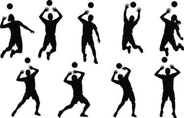 Volleyball player silhouette vector set, black action poses, dynamic sport illustration, jump and spike icons, athletic movement design, editable graphic asset