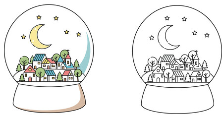 Charming Night Village Snow Globe with Crescent Moon - Cute Hand-Drawn Colorful and Outline Art for Diverse Projects