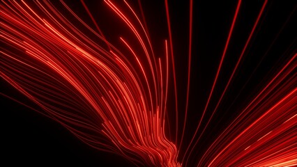 3d render, abstract background of red neon lines and strings glowing in the dark. Speed of light....