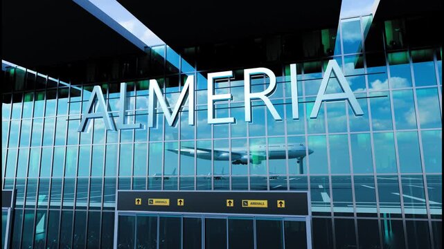 Airlane landing at Almeria. Arrival in the city with reflection of airport and aircraft