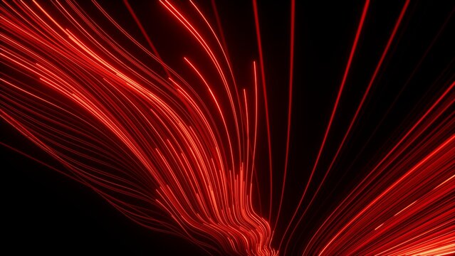 3d render, abstract background of red neon lines and strings glowing in the dark. Speed of light. Fancy wallpaper - Powered by Adobe