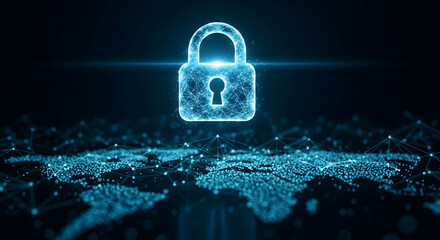 Padlock icon glowing above digital network background