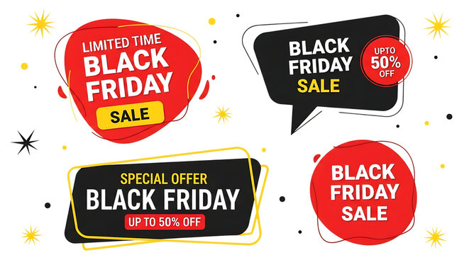 Photo of collection of four black friday sale banners and tags with limited time and up to 50 off offers, isolated on transparent background