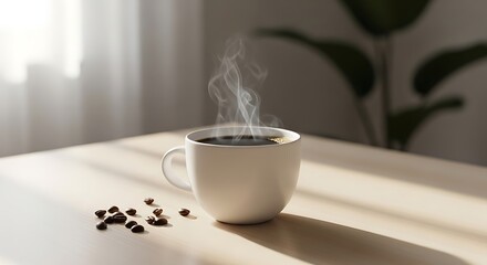 Aromatic coffee cup steaming on table with scattered coffee beans in morning light creating cozy and inviting atmosphere for relaxation