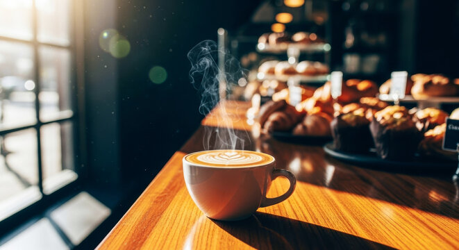 A steaming cup of cappuccino with latte art sits on a wooden counter, surrounded by various pastries in a cozy cafe setting.