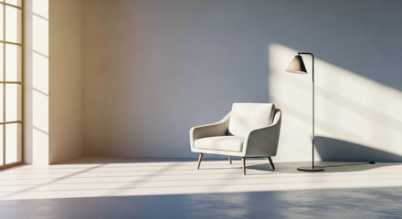 A modern armchair with a mid-century design sits next to a tall, sleek floor lamp in a sunlit minimalist room.