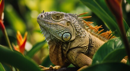 Fototapeta premium Close up of a green iguana in natural habitat. Detail of reptile skin and eye. Wildlife and nature concept for educational material.