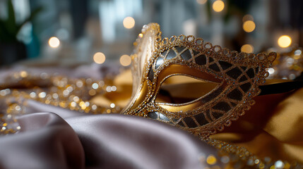 Defocused view of ornate masquerade masks and shimmering fabrics, soft golden lighting suggesting mystery, with copy space.