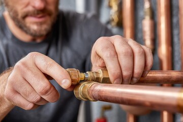 A plumber working on copper pipes, connecting them with brass fittings, ensuring a tight seal for reliable plumbing system, with his hands carefully tightening components.