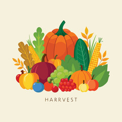 Vector illustration of fruits and vegetables with autumn harvest elements