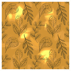 This elegant seamless botanical pattern features delicate hand-drawn leaves and branches in dark brown, arranged gracefully on a golden mustard background with soft painterly brush textures. The warm.